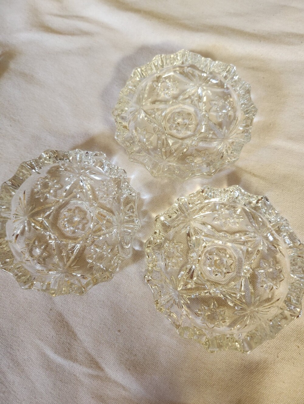Vintage Pressed Glass Ashtrays Set of 3 Starburst Scalloped Trinket Dishes